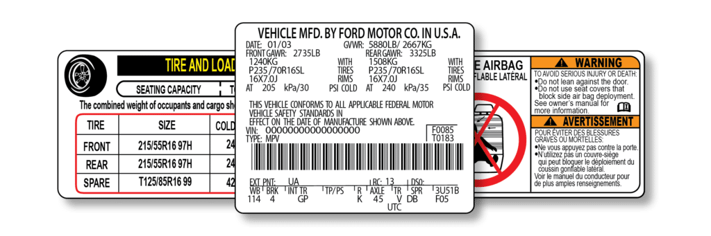 Auto Data Labels, car labels, vin labels replacement, vehicle certification label, door vin sticker replacement